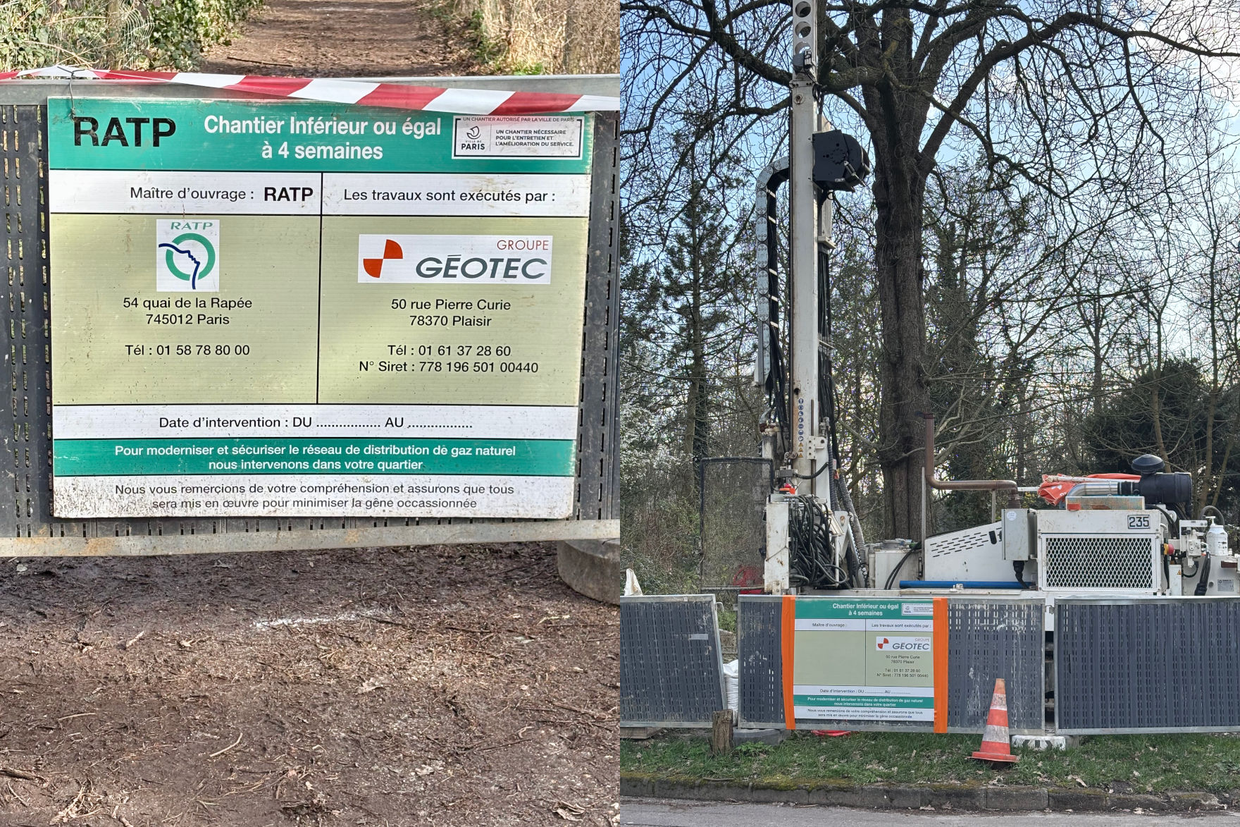 Deux photographies superposées des carottages réalisés dans le sol du bois de Vincennes