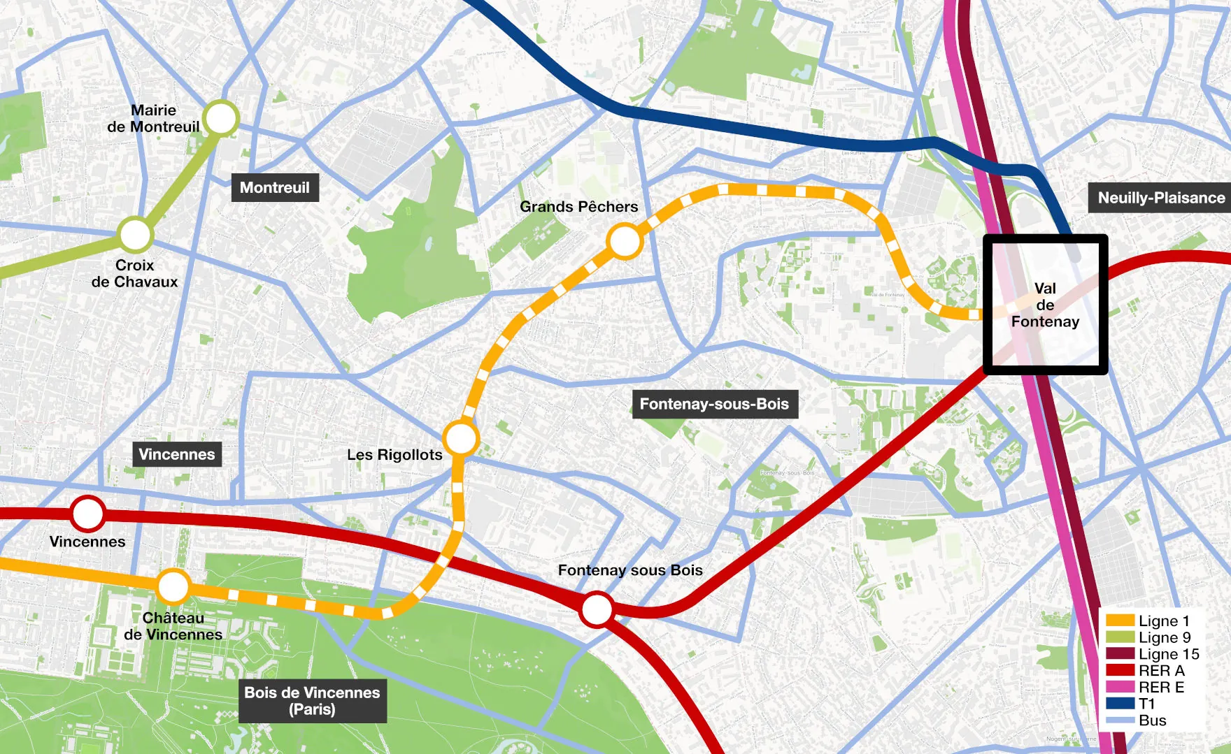 Carte du prolongement de la ligne 1 jusqu’à Val de Fontenay